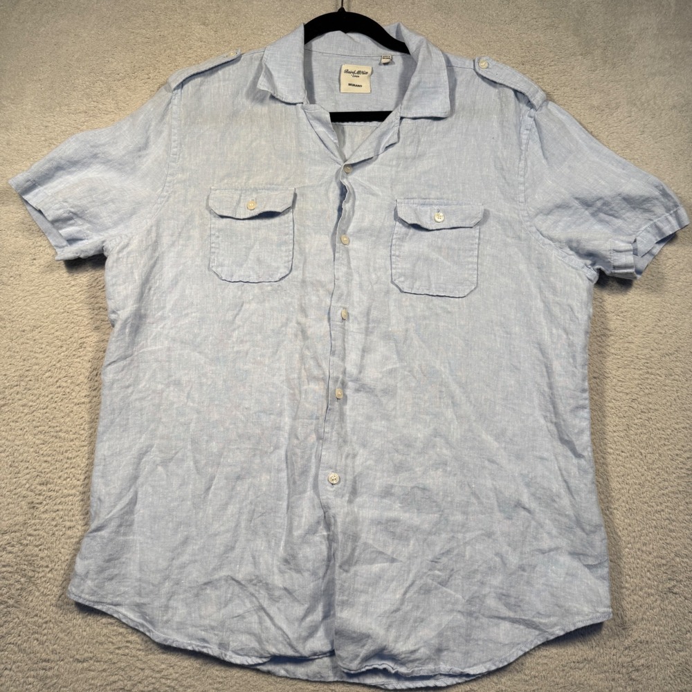 Baird McNutt 100% Linen Murano Mens‎ Short Sleeve Button Up Shirt L Light Blue